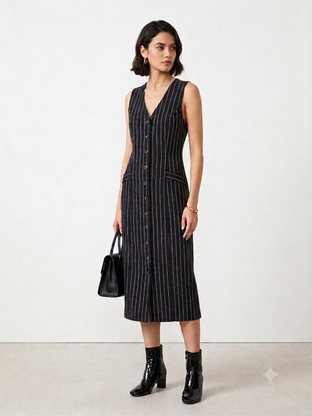 Sleeveless Pinstripe Button-Front Maxi Dress in Black